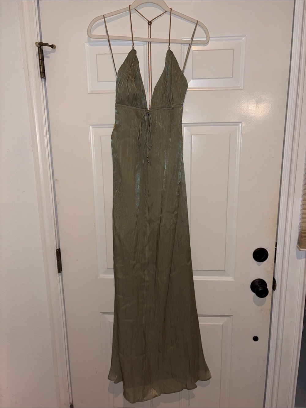 Windsor “Kristie” Olive Green Pleated Satin A-Line Formal Dress NEW Open Back